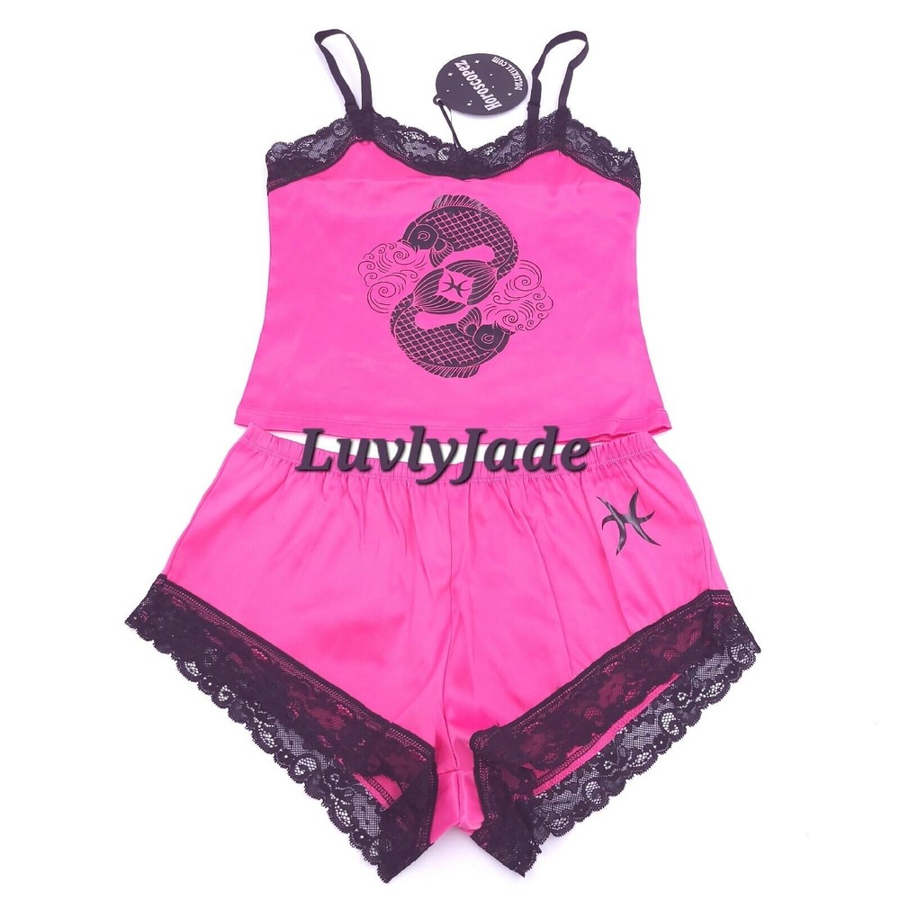 Zodiac Pisces Pajama Short Set Women's Size S Pink Black Lace Trim NWT